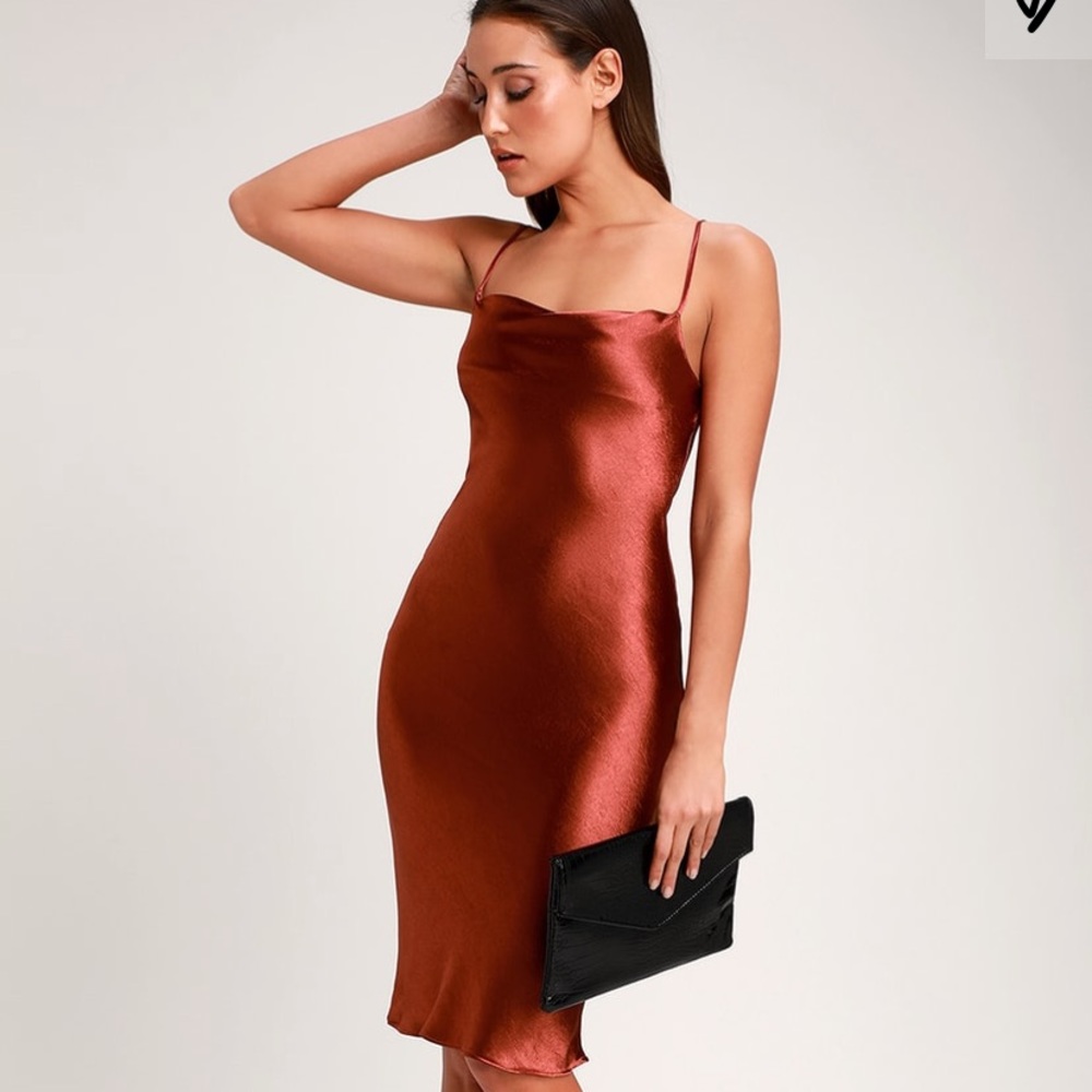 LULUS MIDI BRAZEN BABE COPPER SLIP DRESS